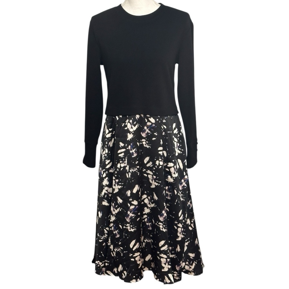 Chenault Black Long-sleeve Novelty Print Silk Skirt Dress NWT